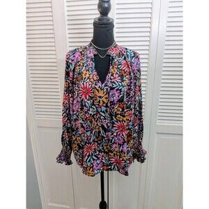 Boho Blouse Women's 2X Multicolor Floral Print Long Sleeve Ruffle Trim Tie Top